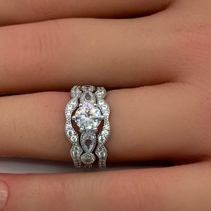 1.00 Carat Round Cut Vintage Art Deco Three Piece Bridal Set Wedding Engagement Ring Band Round Diamond Simulated 925 Sterling Silver