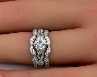 1.00 Carat Round Cut Vintage Art Deco Three Piece Bridal Set Wedding Engagement Ring Band Round Diamond Simulated 925 Sterling Silver