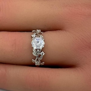 1.50 Carat Hexagon Cut Art Deco Engagement Ring Solitaire Anniversary Diamond CZ 925 Sterling Silver Anniversary Wedding Ring Leaf Accent