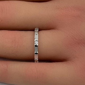3mm Art Deco Baguette Round Diamond CZ Full Eternity Stackable Band 925 Sterling Silver Wedding Band Matching Band Engagement Bridal Gift