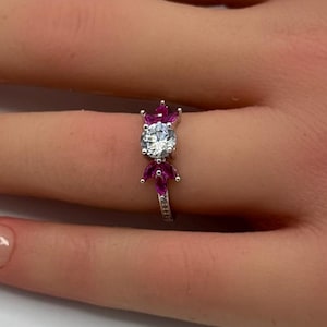 Vintage 1.00 Carat Art Deco Engagement Bridal Ring Marquise Ruby Round Diamond Simulate 925 Sterling Silver Choose Center Stone Color