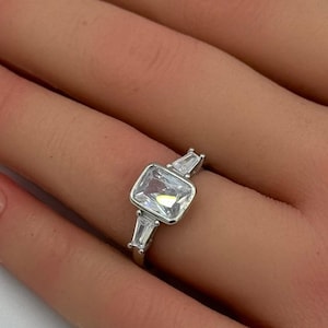 Three Stone Baguette Bezel Radiant Cut Art Deco Wedding Engagement Bridal Ring Simple Three Stone Diamond Simulated 925 Sterling Silver