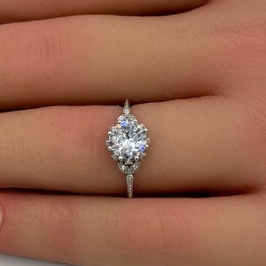 1.20 Carat Round Art Deco Wedding Engagement Bridal Ring 925 Sterling Silver Round Diamond CZ Accent Vintage Art Deco Anniversary Gift
