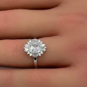 1 Carat Bezel Asscher Cut Art Deco Halo Engagement Ring Baguette Round Diamond Simulate 925 Sterling Silver Anniversary Wedding Ring Gift