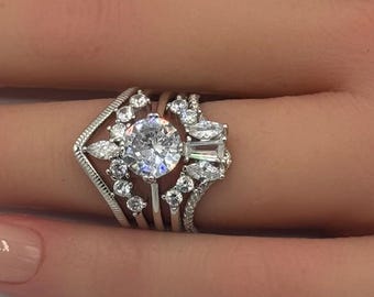 1.50 Carat Round Cut Vintage Art Deco Three Piece Bridal Set Wedding Engagement Ring Curve Band Round Diamond CZ 925 Sterling Silver