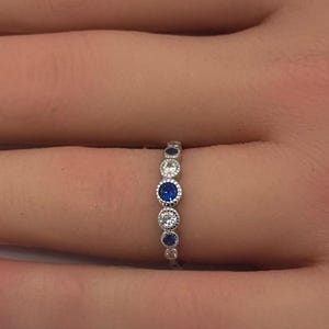 4mm Art Deco Eternity Round Band Ring Blue Sapphire Diamond CZ Stackable 925 Sterling Silver Wedding Band Engagement Bridal Silver Ring