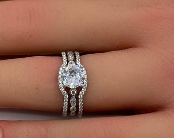 1.50 Carat Round Vintage Art Deco Three Piece Bridal Set Wedding Engagement Ring Band Round Diamond Simulated 925 Sterling Silver Gift