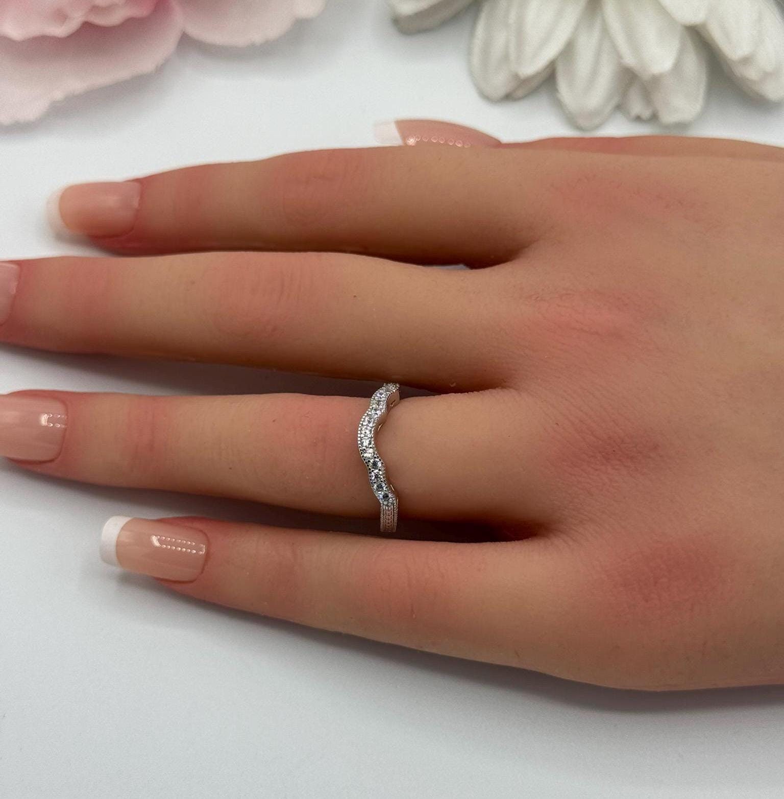 4mm Curved  Art Deco Band Round Diamond CZ Eternity Stackable 925 Sterling Silver Wedding Band Engagement Bridal Stacking