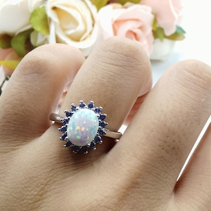 Lab White Opal Halo Wedding Engagement Ring Oval Art Deco Amethyst CZ 925 Sterling Silver Bridal Ring Choose Your Color