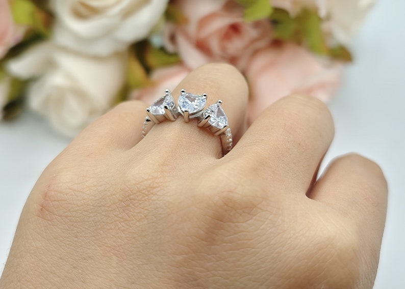 0.74 Carat Three Heart Engagement Promise Ring Simulated CZ 925 Sterling Silver Vintage Art Deco Bridal Anniversary Promise