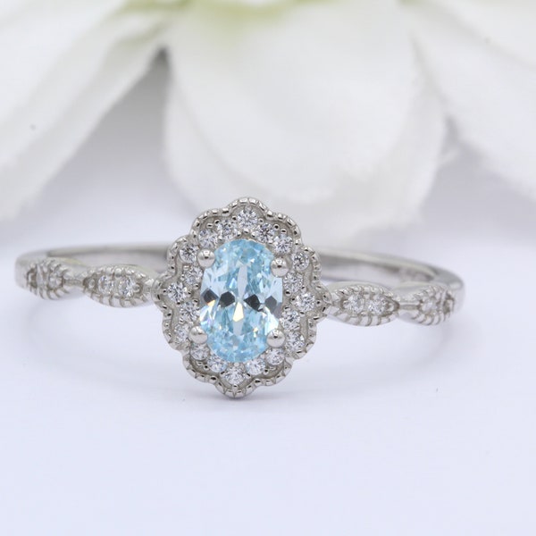 0.30 Carat Oval Cut Halo Round Vintage Art Deco Floral Wedding Engagement Bridal Ring Diamond Simulate Aquamarine CZ 925 Sterling Silver
