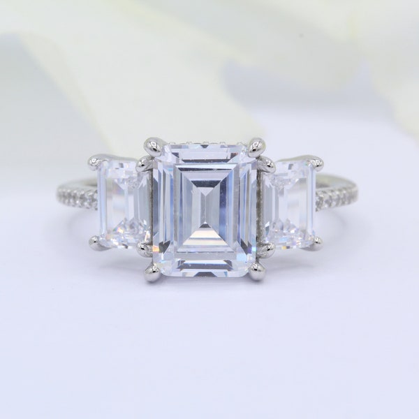 2.60 Carat Emerald Cut Three Stone Art Deco Vintage Engagement Bridal Ring Round Diamond Simulated Accent 925 Sterling Silver Anniversry