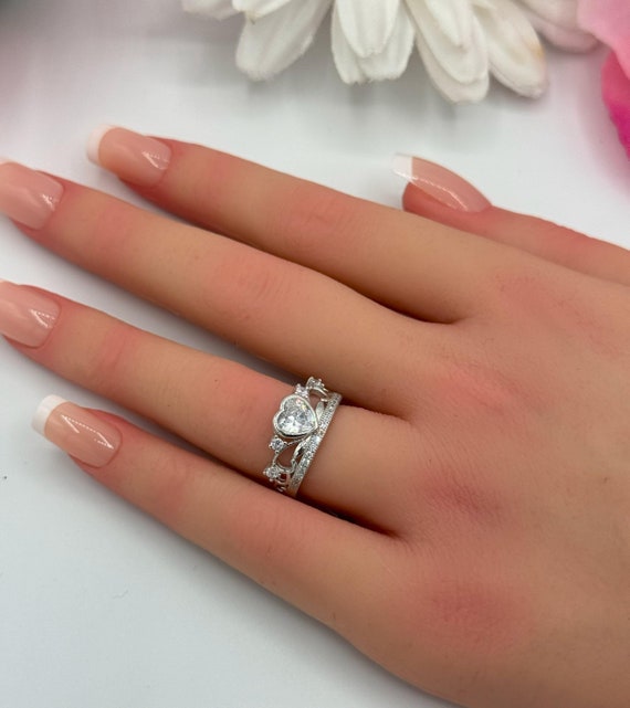 Heart Crown Promise Ring Bezel Heart Simulated Diamond 925