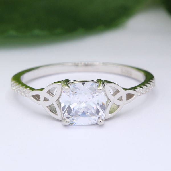 1.30 Carat Cushion Cut Celtic Art Deco Wedding Engagement Bridal Ring Round Diamond Simulate 925 Sterling Silver Choose Center Stone Color