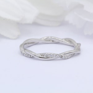 2.5mm Infinity Twisted Art Deco Band Round Diamond CZ Full Eternity Stackable 925 Sterling Silver Wedding Band Engagement Bridal Stacking