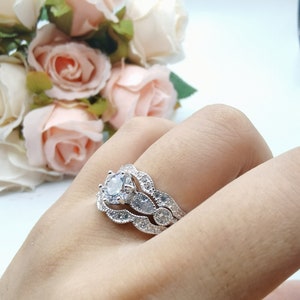 1.00 Carat Round Cut Vintage Art Deco Three Piece Bridal Set Wedding Engagement Ring Band Round Diamond Simulated 925 Sterling Silver
