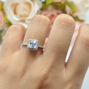 Solitaire Halo Princess Cut 1.30 Ct Art Deco Vintage Engagement Wedding Bridal Ring Diamond CZ Accent 925 Sterling Silver Anniversary Gift