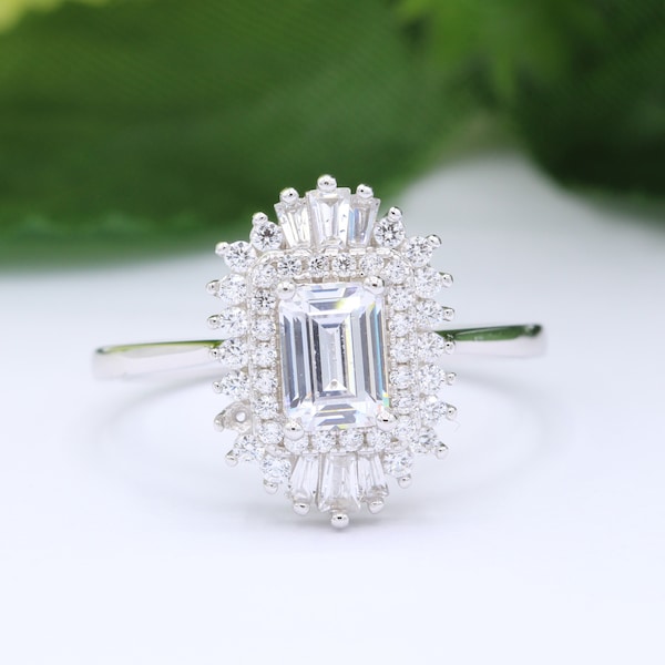 1.00 Carat Emerald Cut Halo Baguette Round Art Deco Wedding Engagement Bridal Ring these Diamond Simulate 925 Sterling Silver