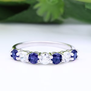 4mm 7-Stone Art Deco Band Round Blue Sapphire CZ Diamond CZ Eternity Stackable 925 Sterling Silver Wedding Band Engagement Bridal Stacking