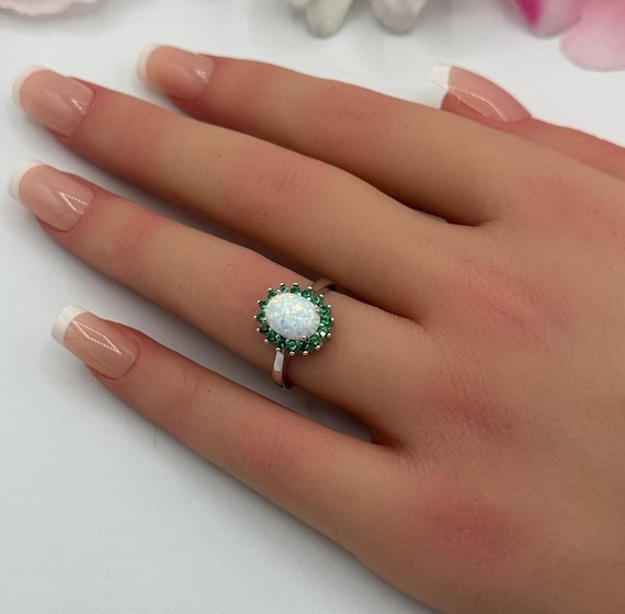 Lab White Opal Halo Ring, Emerald Green CZ, Art Deco 925 Sterling Silver