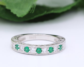 4.5mm Art Deco Band Round Emerald Green Diamond CZ Eternity Stackable Band 925 Sterling Silver Wedding Band Engagement Bridal Stacking