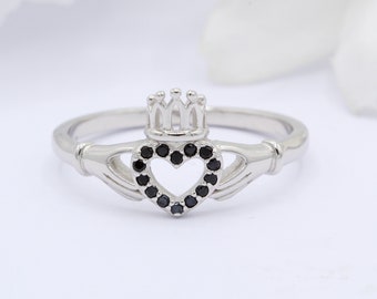 Claddagh Ring Round Simulated Black Diamond 925 Sterling Silver Crown Claddagh Irish Promise Ring Wedding Engagement New Design