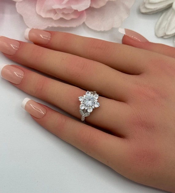 10 Mm Floral Cluster Engagement Bridal Wedding Ring Simulated