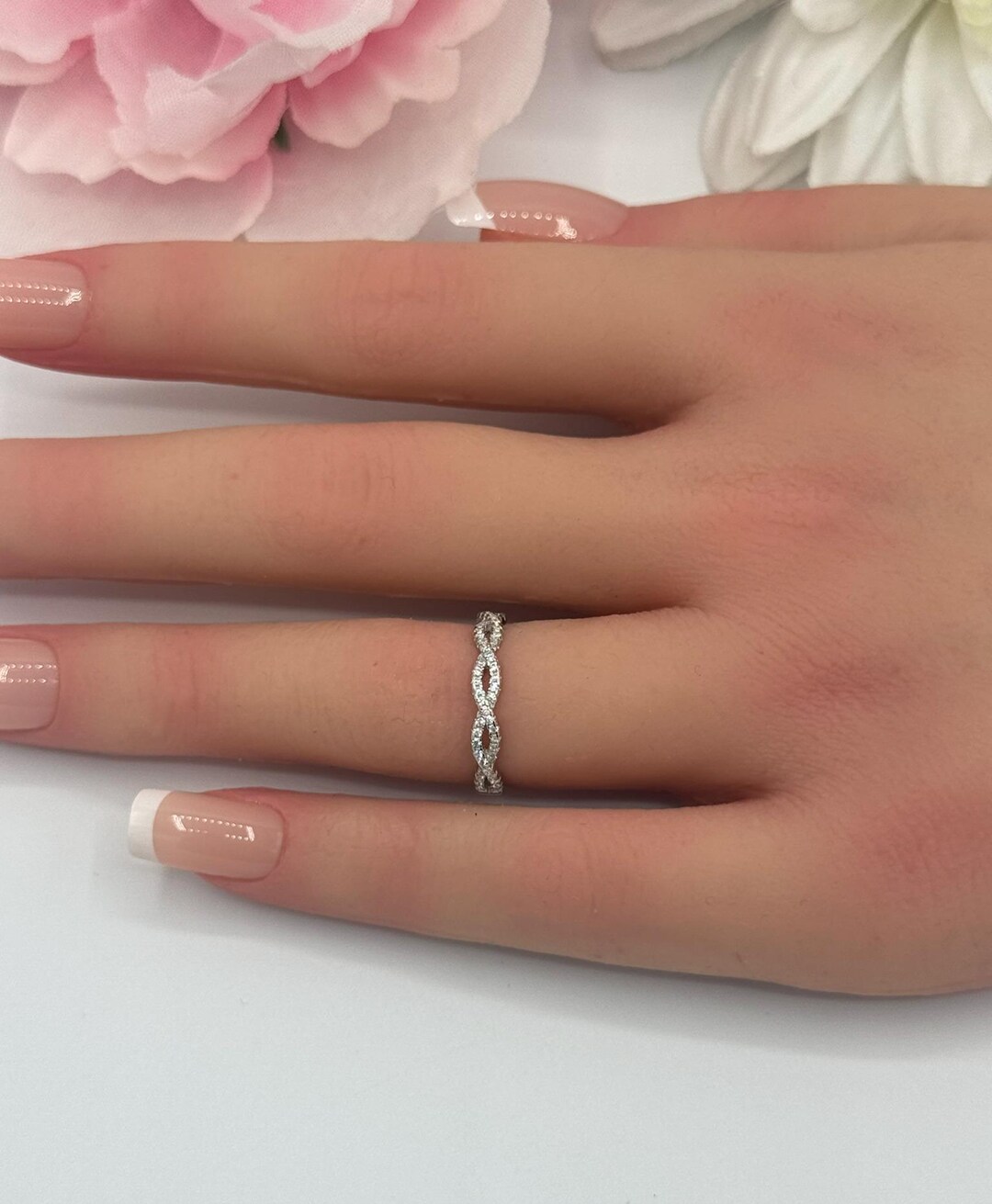 Sterling Silver Crisscross Band, Round CZ Eternity Ring (3.5mm) - Canada