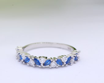 4mm Art Deco Marquise Blue Sapphire CZ Round Diamond CZ Eternity Stackable Band 925 Sterling Silver Wedding Band Engagement Bridal Stacking