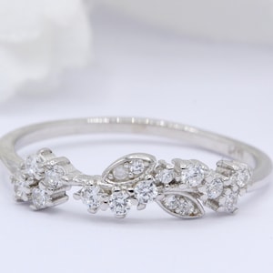 4mm Leaf Marquise Art Deco Band Round Diamond CZ Eternity Stackable 925 Sterling Silver Wedding Band Engagement Bridal Stacking