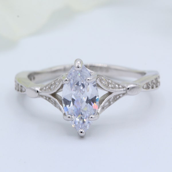 1.00 Carat Marquise Art Deco Engagement Wedding Bridal Ring Round Diamond Simulated Accent 925 Sterling Silver Vintage Anniversary