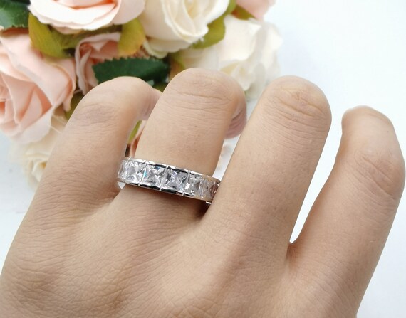 4mm Princess Cut Diamond CZ Eternity Stackable Band 925 Sterling Silver Wedding Band Matching Band Engagement Bridal Stacking Invisible Etsy Canada