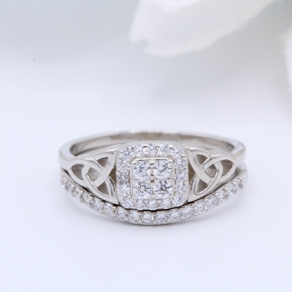 Celtic Bridal Set Two Piece Vintage Wedding Engagement Anniversary Bridal Set Ring Band Round Diamond CZ 925 Sterling Silver Rose Gold