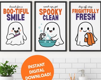 May include: Three framed prints with a Halloween theme. Each print features a cartoon ghost with text: "BOO-TIFUL SMILE", "SPOOKY CLEAN", and "FRIGHTFULLY FRESH". The prints are in black frames, with a white background.