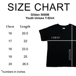 May include: Size chart for a Gildan 5000B Youth Unisex T-Shirt. The chart shows sizes XS through XL with corresponding chest and length measurements in inches.