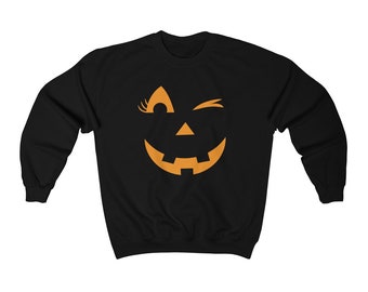Cute Halloween Sweatshirt Women, Fall, Halloween Sweater For Women, Halloween Sweatshirt for Her, Winking Jack O Latern Halloween Sweatshirt