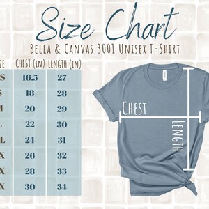 May include: Size chart for a Bella + Canvas 3001 unisex t-shirt. The chart shows chest and length measurements in inches for sizes XS to 4X.