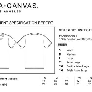 May include: A size chart for a unisex jersey tee, showing the chest to fit measurements in inches for sizes small through 3XL. The chart also shows the chest and body length measurements in inches for each size.