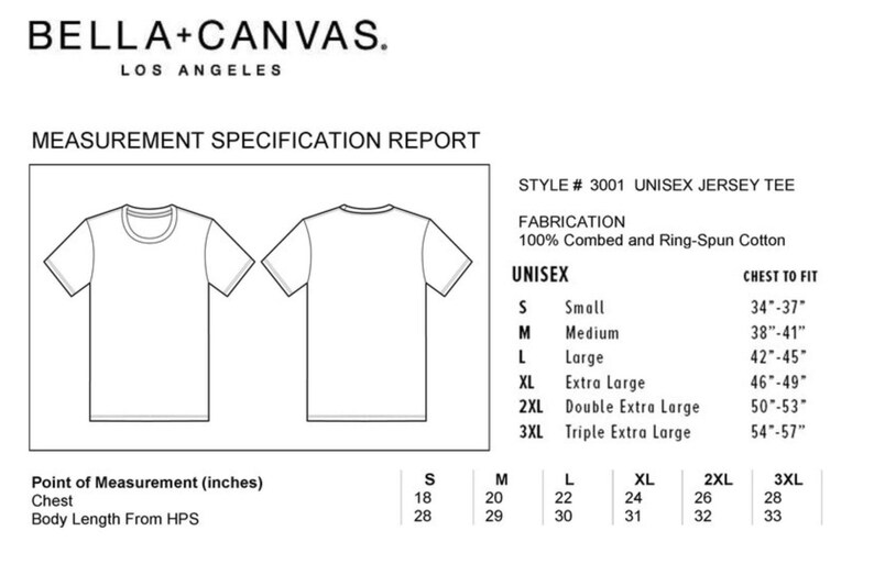May include: A size chart for a unisex jersey tee, showing the chest to fit measurements in inches for sizes small through 3XL. The chart also shows the chest and body length measurements in inches for each size.