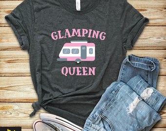 GLAMPING QUEEN uniseks T-shirt met korte mouwen - dames campingshirt, leuk campingshirt, happy Glamper-shirt, camping-T-shirts, campingshirt
