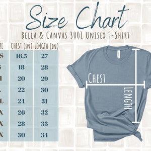May include: Size chart for a Bella + Canvas 3001 unisex t-shirt. The chart shows chest and length measurements in inches for sizes XS to 4X.