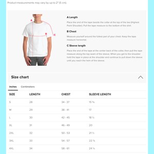 K&ouml;nnte beinhalten: Ein wei&szlig;es T-Shirt mit einer Abbildung, die zeigt, wie man L&auml;nge, Brust und &Auml;rmell&auml;nge misst. Eine Gr&ouml;&szlig;entabelle zeigt Ma&szlig;e in Zoll und Zentimetern f&uuml;r die Gr&ouml;&szlig;en S bis 5XL. Der Text lautet "Messen Sie sich selbst" und "Gr&ouml;&szlig;entabelle".