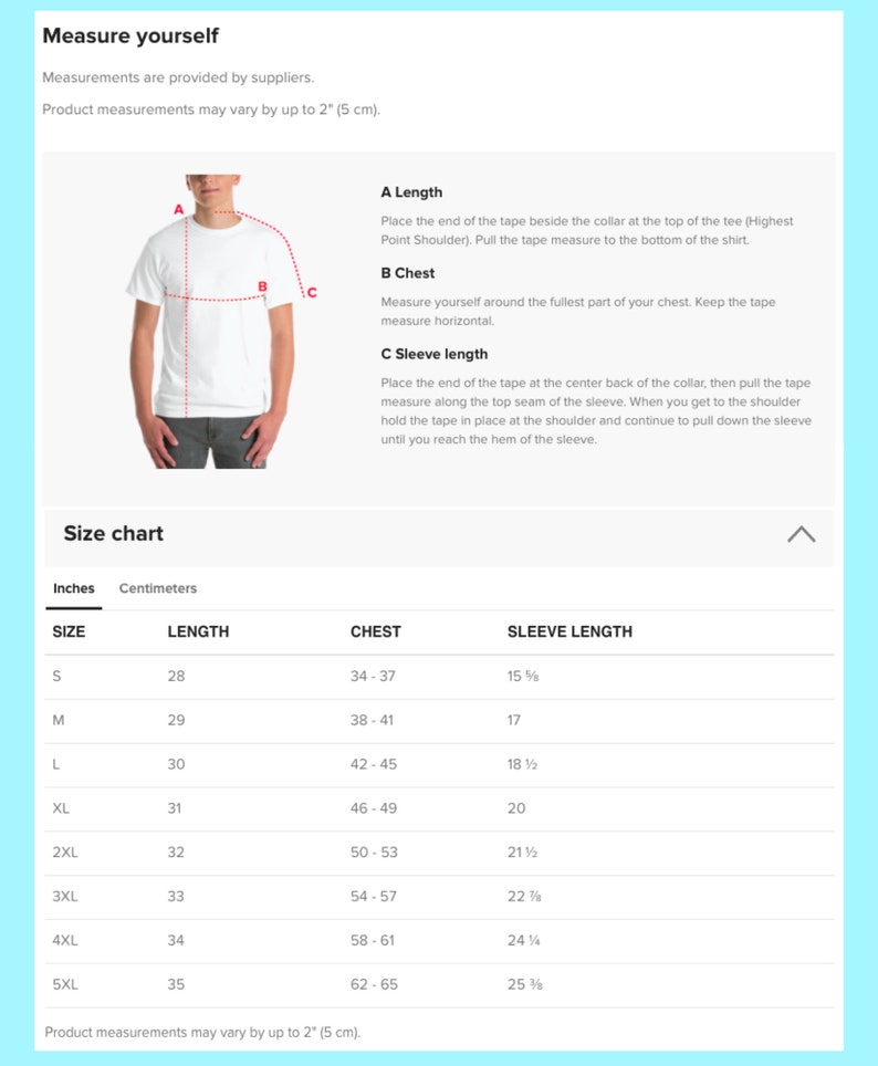 K&ouml;nnte beinhalten: Ein wei&szlig;es T-Shirt mit einer Abbildung, die zeigt, wie man L&auml;nge, Brust und &Auml;rmell&auml;nge misst. Eine Gr&ouml;&szlig;entabelle zeigt Ma&szlig;e in Zoll und Zentimetern f&uuml;r die Gr&ouml;&szlig;en S bis 5XL. Der Text lautet "Messen Sie sich selbst" und "Gr&ouml;&szlig;entabelle".