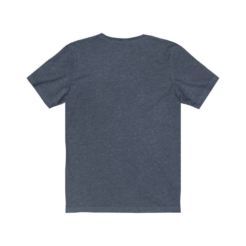 May include: A plain, dark blue, short-sleeved t-shirt.