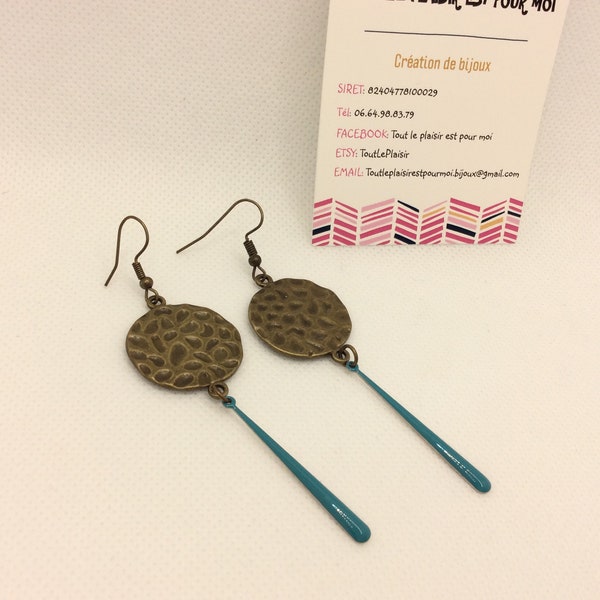 Réf. 13 - Boucles d’oreilles connecteur métal bronze et sequin émaillé bleu