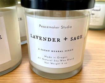 Lavender Sage Scented Candle, Soy Wax, 9 oz, 40 hours, All Natural, Eco Friendly Gift, Gift for Mom, Housewarming Gift, Handmade Candle
