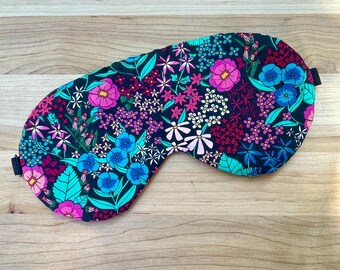Cotton Sleep Mask, Eye Mask, Black Floral Print, Travel, Self Care, Relaxation, Sleep, Meditation, Yoga, Gift for Mom, Anxiety Relief