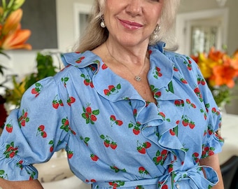 Strawberry Print Linen Blend Dress with Ruffles, Suit Size UK 14/16