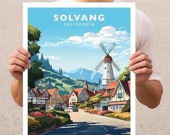 May include: A colorful illustration of Solvang, California, featuring a windmill, quaint buildings, and a winding road. The text "Solvang, California" is displayed at the top of the image.