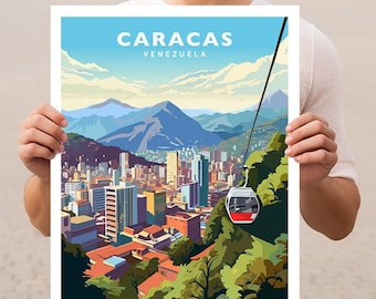 May include: A colorful illustration of the Caracas skyline in Venezuela, featuring a cable car traveling over the city. The illustration is in a retro travel poster style.